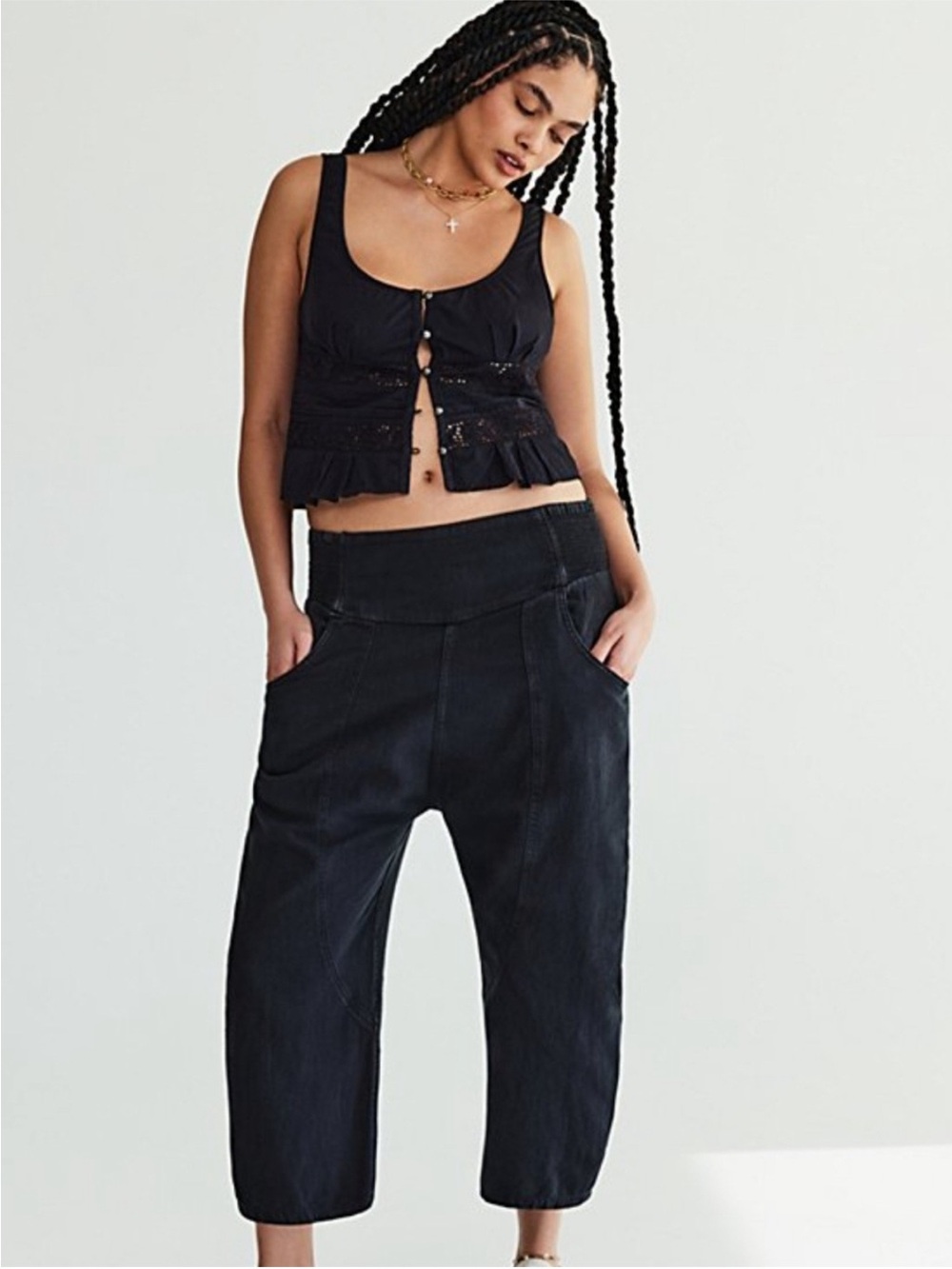 Free People Black Cropped Wide-Leg Capris